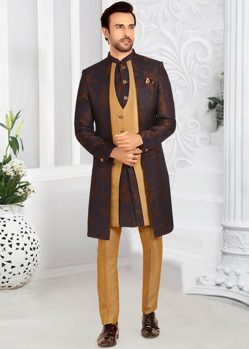 Golden Woven Indo Western Shrerwani In Rayon