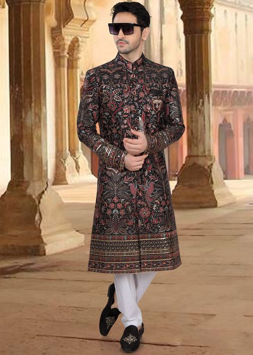 Black Embroidered Silk Sherwani Set For Men