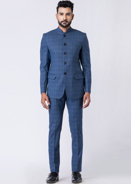 Readymade Blue Checked Bandhgala Jodhpuri Suit