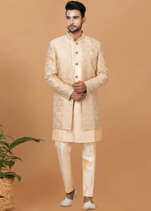 Golden Woven Jacket Style Indo Western Sherwani