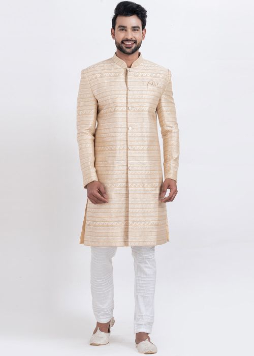 Readymade Golden Woven Indo Western Sherwani