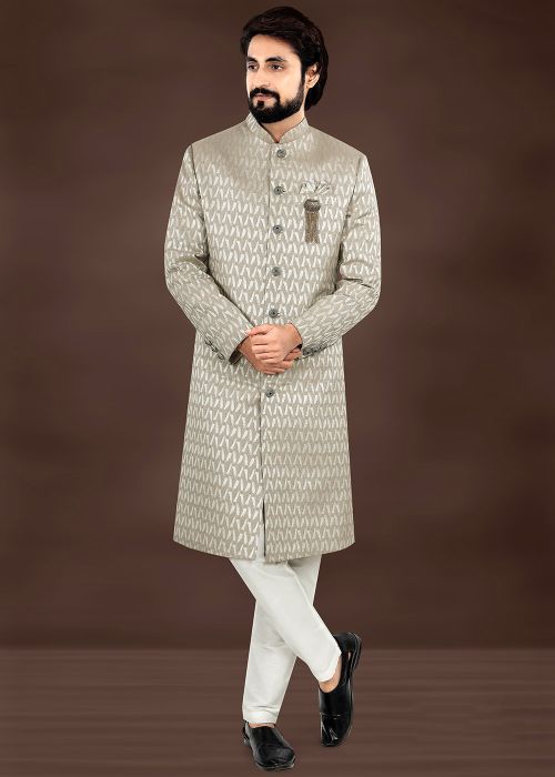 Grey Woven Men Sherwani Set In Brocade