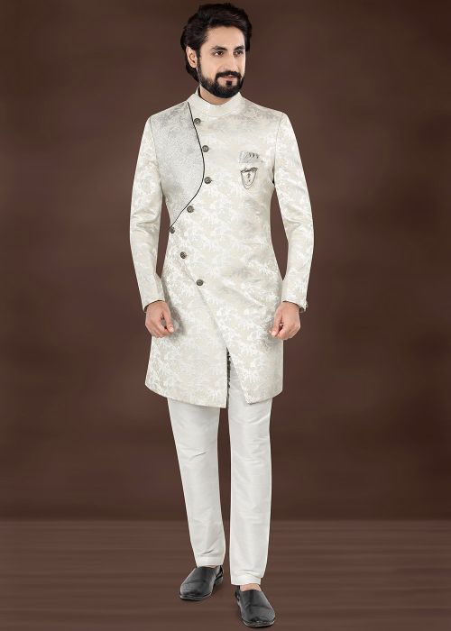 Silver Woven Men Indo Western Sherwani Set