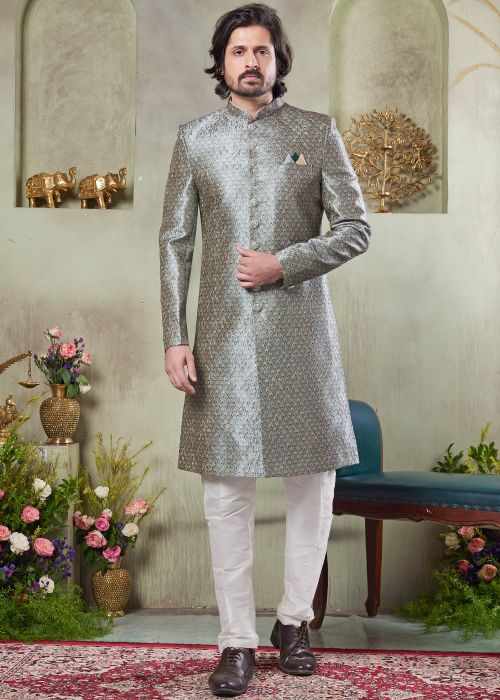 Green Printed Men Sherwani Set In Art Silk