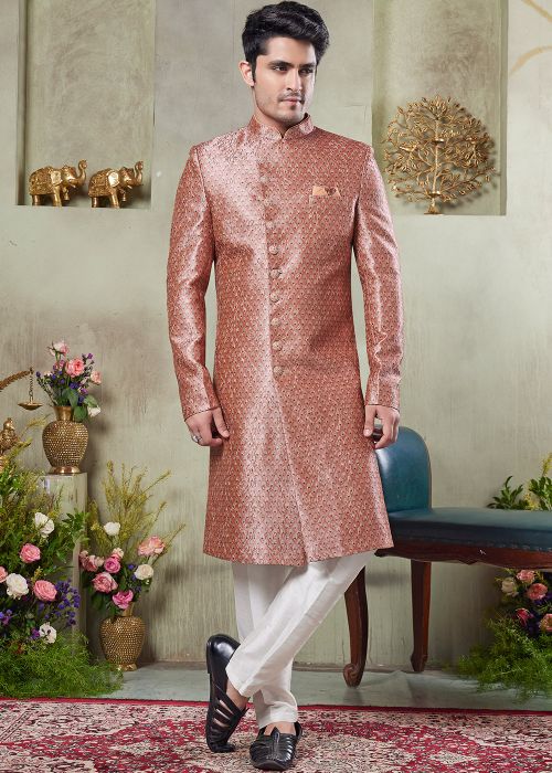 Pink Printed Men Art Silk Sherwani Set