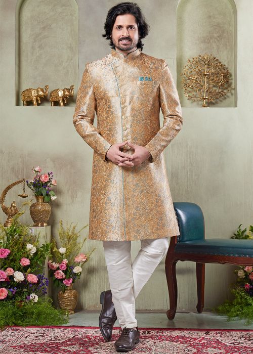 Readymade Golden Printed Sherwani Set