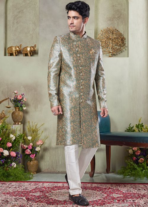 Green Readymade Printed Sherwani Set