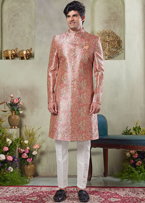 Readymade Pink Printed Art Silk Sherwani Set