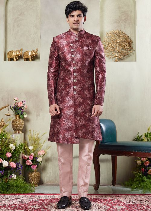 Wine Readymade Floral Print Art Silk Sherwani Set