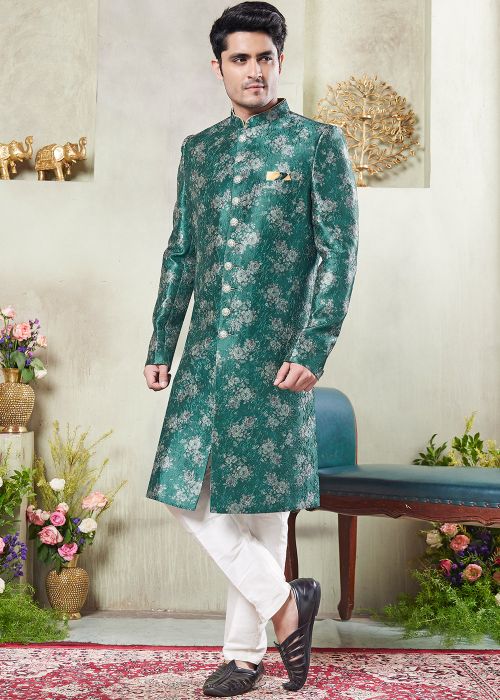 Green Floral Print Sherwani In Art Silk For Men