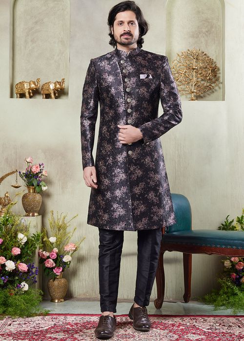 Black Floral Print Art Silk Sherwani Set