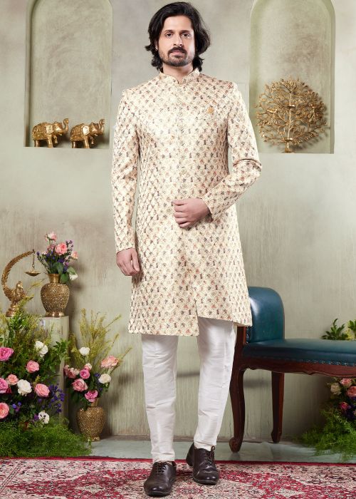 Beige Digital Print Art Silk Sherwani Set