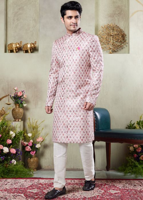 Pink Digital Print Sherwani Set In Art Silk