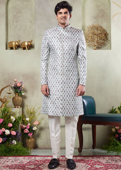 Blue Art Silk Digital Print Sherwani Set