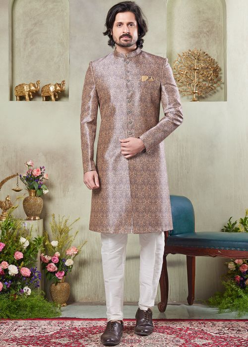 Brown Digital Print Art Silk Sherwani Set