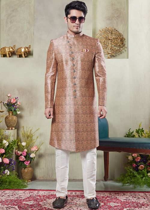 Brown Digital Print Art Silk Sherwani Set