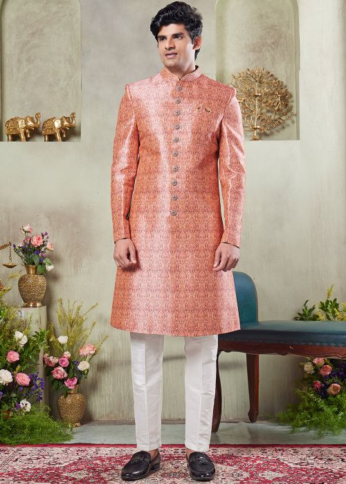 Light Orange Digital Print Art Silk Sherwani Set