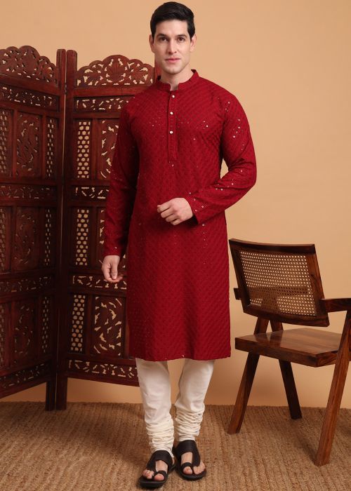 Maroon Chikankari Embroidered Kurta Churidar Set