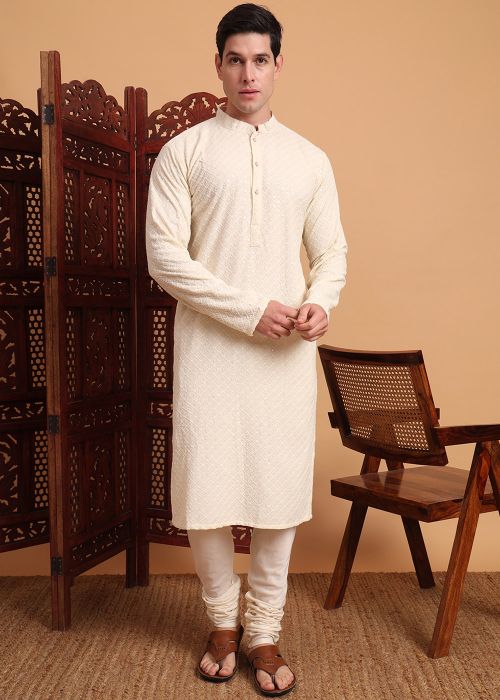 Off White Chikankari Embellished Kurta Churidar