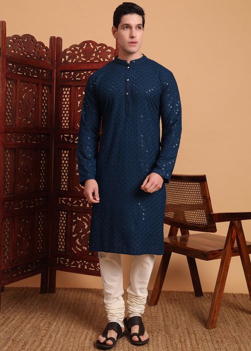 Navy Blue Chikankari Embellished Kurta Churidar