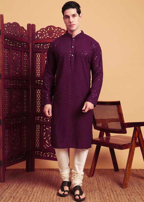 Purple Kurta Churidar In Chikankari Embroidery