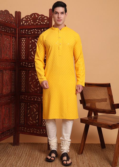 Yellow Men Kurta Churidar In Chikankari Embroidery