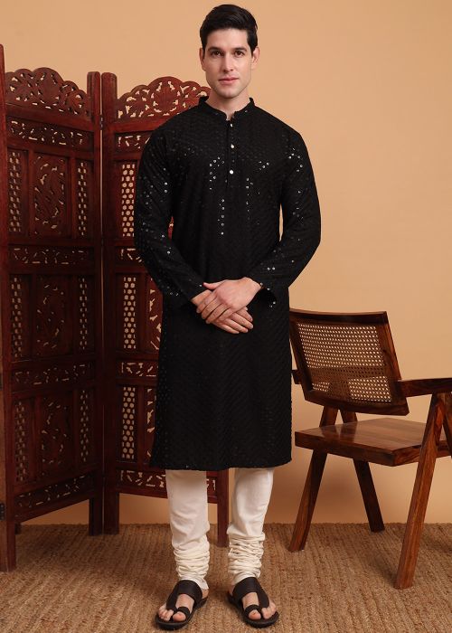 Black Men Kurta Churidar In Chikankari Embroidery