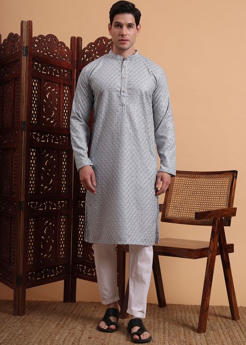 Readymade Grey Kurta Pant In Chikankari Embroidery