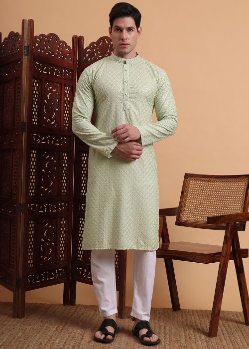 Pista Green Men Chikankari Work Kurta Pant