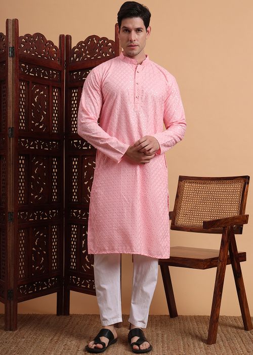 Readymade Pink Chikankari Work Kurta Pant