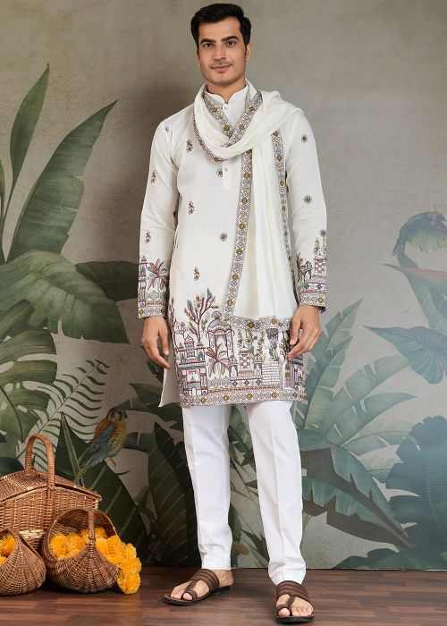 Readymade White Embroidered Kurta With Stole