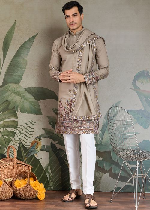 Readymade Beige Embroidered Kurta With Stole