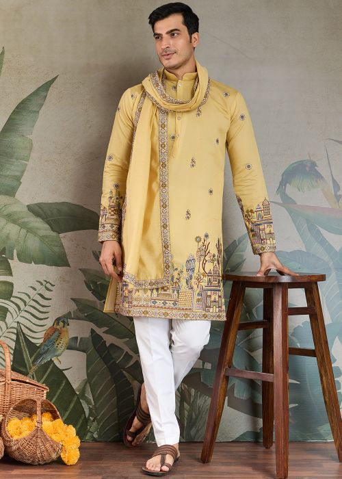 Readymade Yellow Embroidered Kurta With Stole