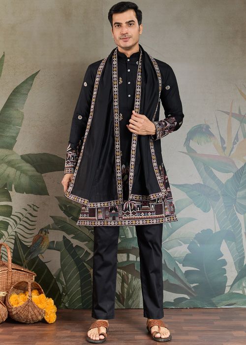 Readymade Black Embroidered Kurta With Stole