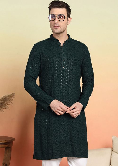Dark Green Embroidered Men Kurta