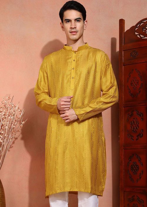 Yellow Readymade Embroidered Men Kurta