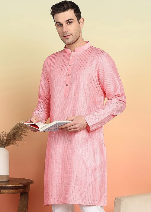 Readymade Pink Men Embroidered Kurta