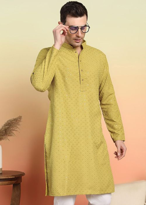 Readymade Green Men Embroidered Kurta