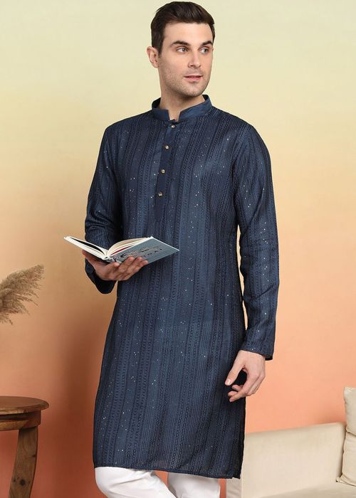 Readymade Navy Blue Men Embroidered Kurta
