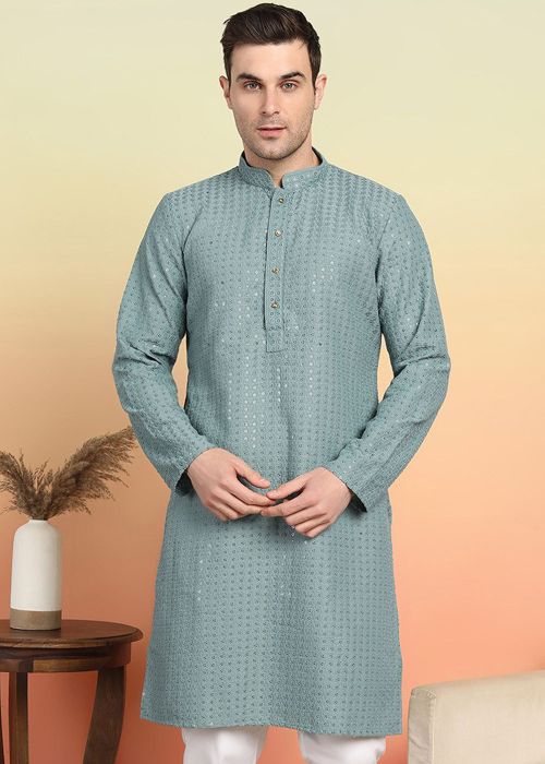 Readymade Grey Men Embroidered Kurta In Viscsoe