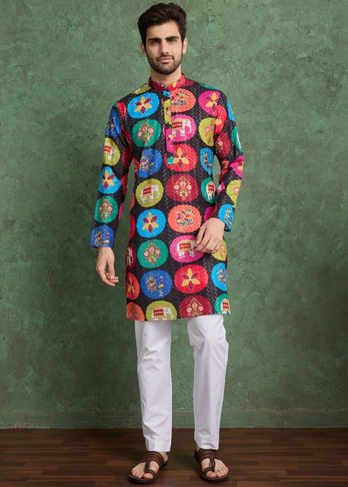 Black Floral Print Men Kurta In Rayon