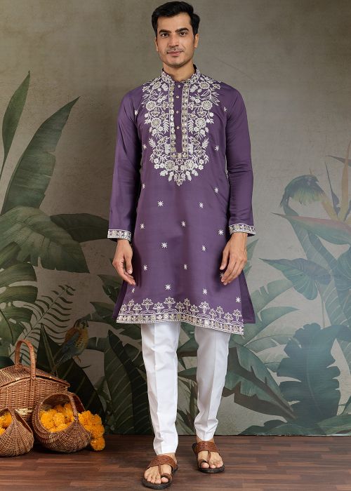 Men Purple Embroidered Kurta In Viscose