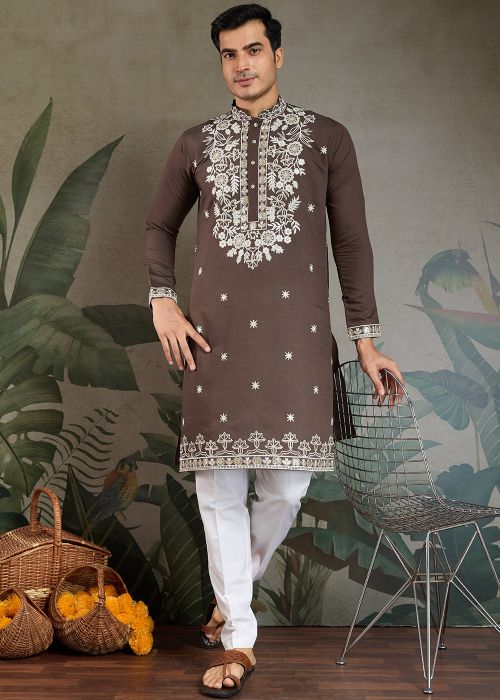 Men Brown Embroidered Kurta In Viscose
