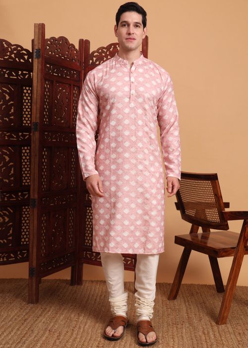 Pink Printed Men Kurta In Cotton