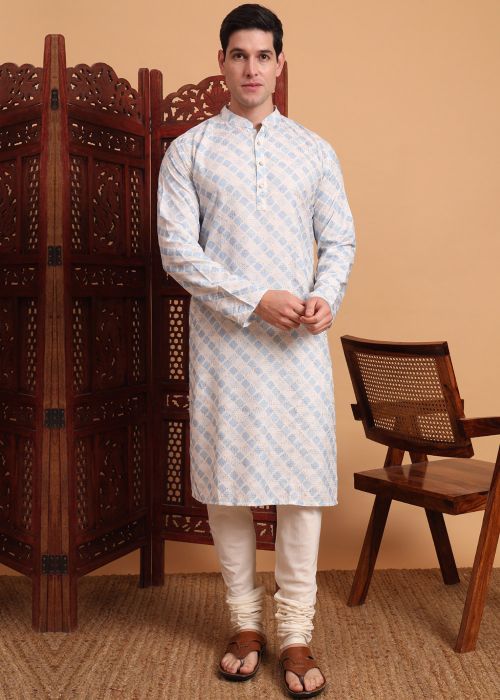 Blue Cotton Men Kurta In Print