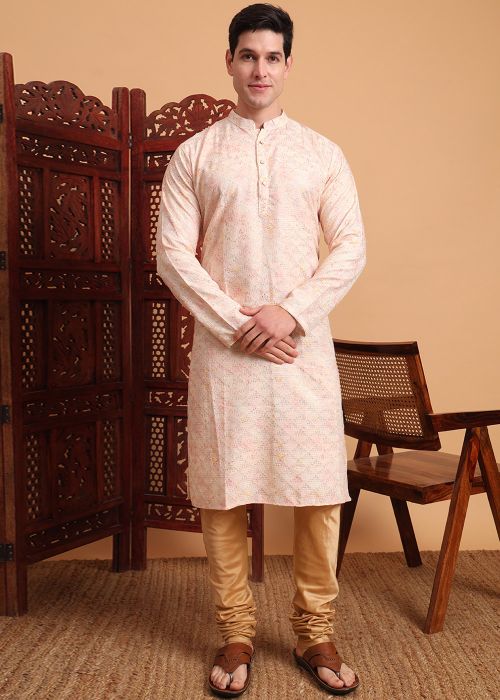 Pink Printed Men Kurta In Cotton