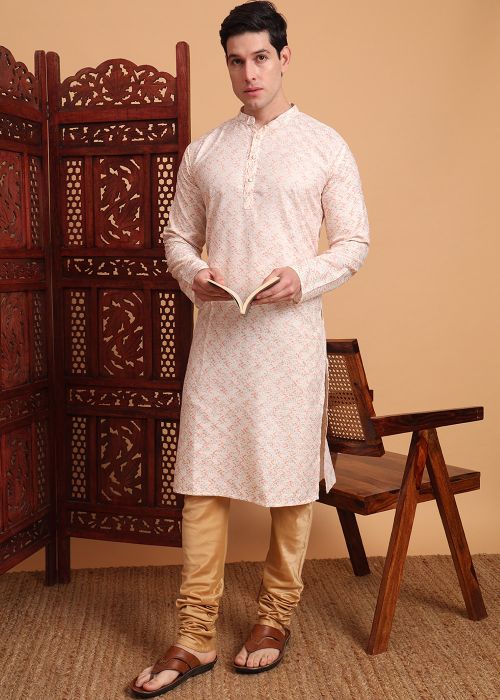 Pink Printed Men Kurta In Cotton