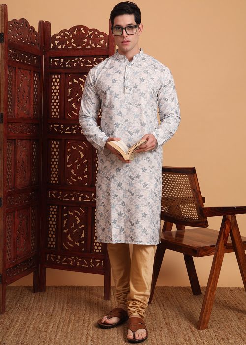 Grey Men Cotton Kurta In Print