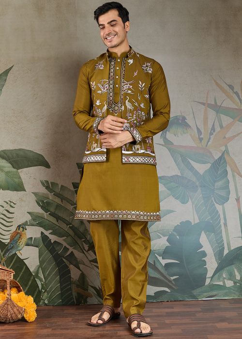Green Embroidered Viscose Kurta Pajama & Nehru Jacket