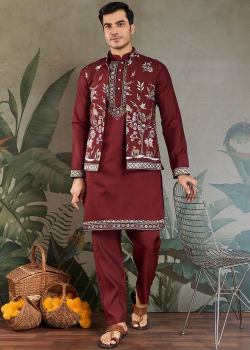 Maroon Embroidered Kurta Pajama With Nehru Jacket
